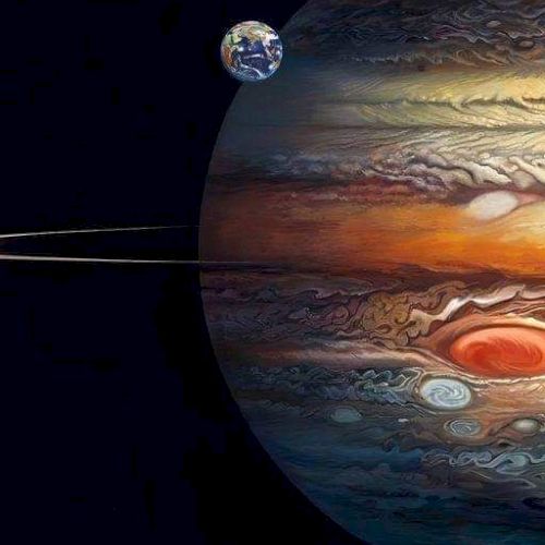 The image shows the planet Jupiter with its distinctive bands and Great Red Spot, a small Earth, and possible spacecraft visible.