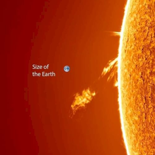 The image compares the size of Earth to the Sun, showing Earth as a small circle next to the massive Sun with solar prominences.
