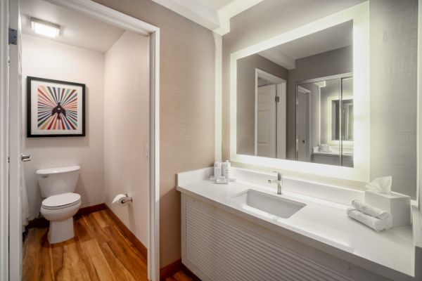 A modern bathroom featuring a large mirror, sink, and adjacent toilet area with artwork on the wall, set against wooden flooring.