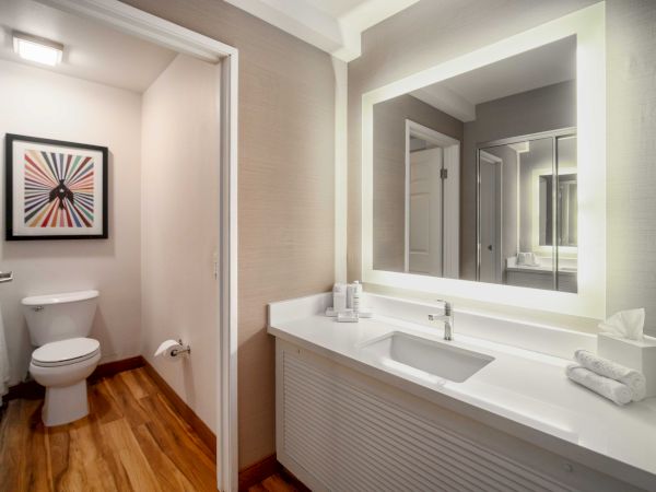 A modern bathroom featuring a large mirror, sink, and adjacent toilet area with artwork on the wall, set against wooden flooring.