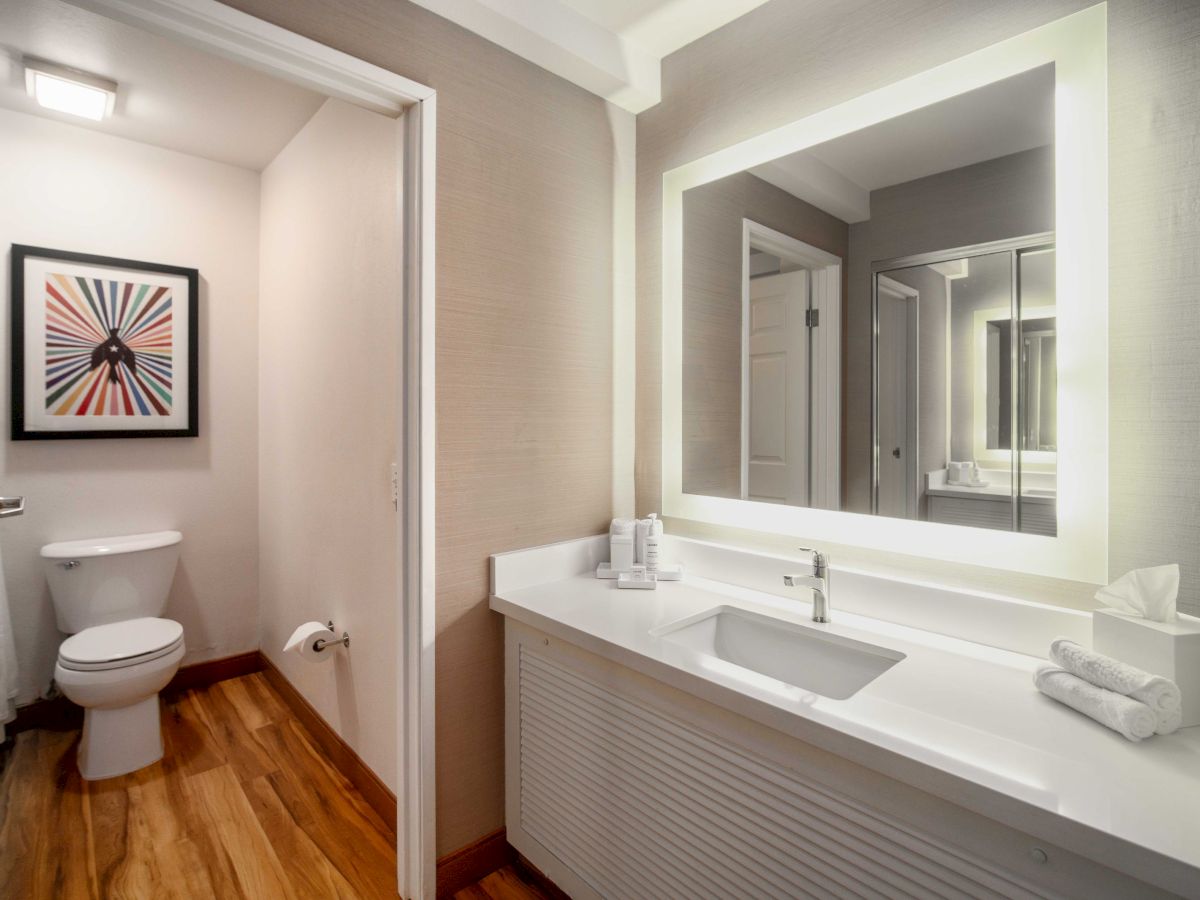 The image shows a modern bathroom with a lit mirror, sink, and artwork above the toilet. The design is clean and minimalistic.
