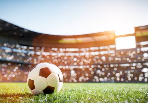 A soccer ball on a grassy field in a sunlit stadium with blurred audience in the background.