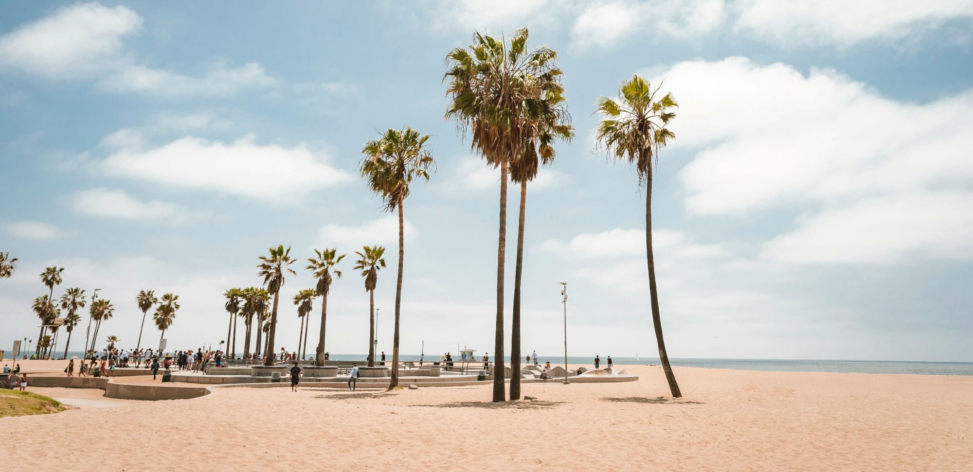 A sunny beach scene with palm trees, people walking, and a clear sky over the ocean.