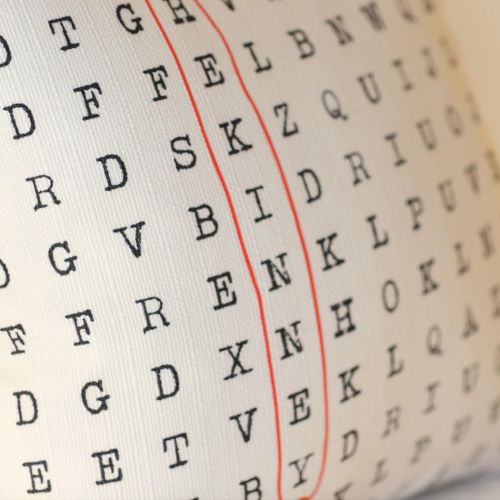 A pillow with a word search pattern, featuring black letters. A red line highlights a vertical word on the fabric.