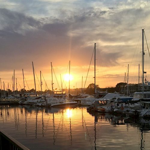 A marina with several sailboats docked at sunset, reflecting on the water, creates a serene and picturesque scene.