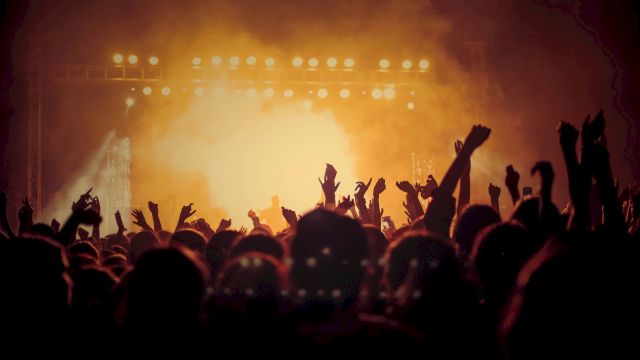 A vibrant concert scene with silhouettes of a cheering crowd and bright stage lights illuminating the background.