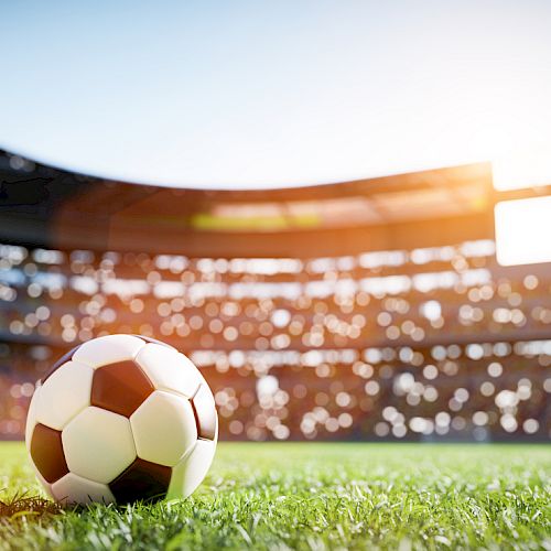 A soccer ball on a grassy field in a sunlit stadium with blurred audience in the background.
